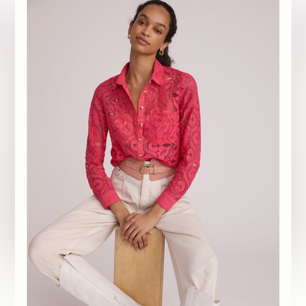 Anthropologie Maeve Slim Button Down Lace Roll Tab Sleeve Size 10